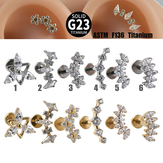 G23 титан с прозрачным кубическим цирконием лабреты с внутренней резьбой, луна/треугольник
