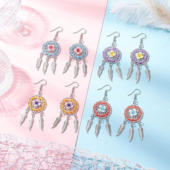 Плоские круглые с перьями стеклянные бусины ручной работы серьги-люстры, с 304 крючками для сережек из нержавеющей стали и сплава, античное серебро