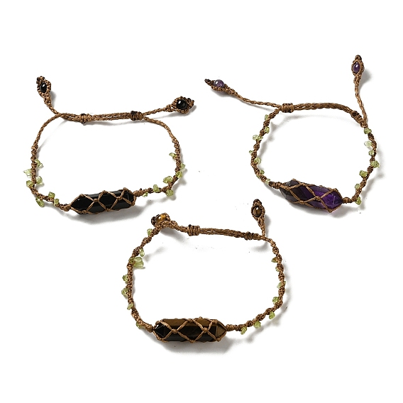 Natural Gemstone Bullet Braided Bead Bracelets, Nylon Macrame Pouch Adjustable Bracelets with Peridot Chips for Women Men