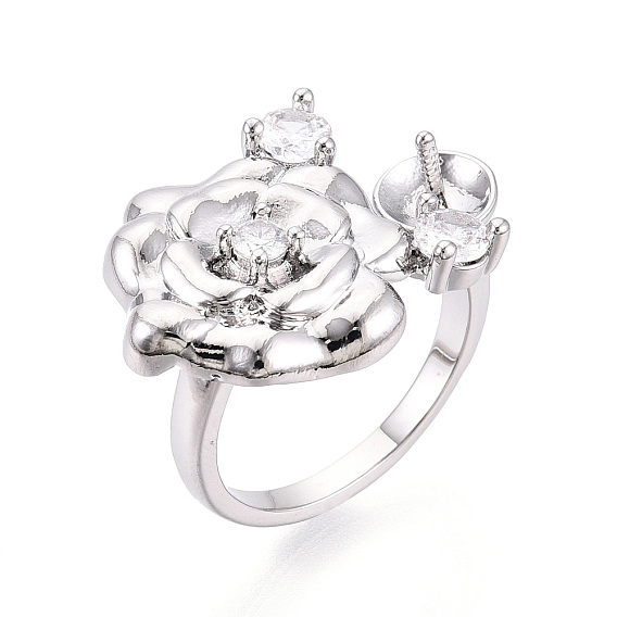 Оправы для колец-манжет из цветочной латуни с микропаве из прозрачного кубического циркония, за половину пробурено бисера