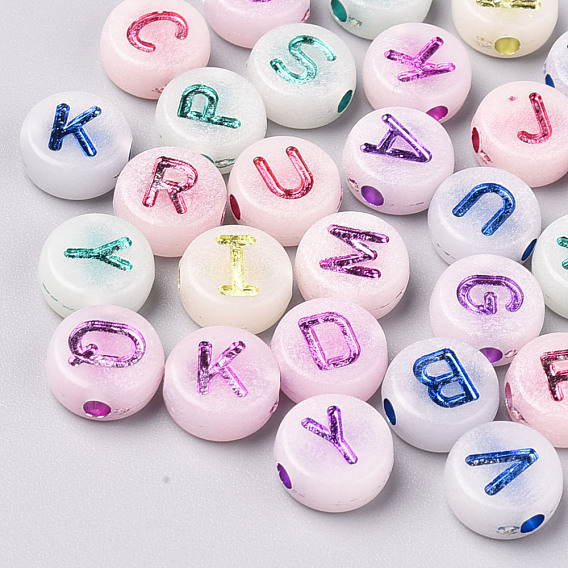 Leuchtende Acrylperlen, Leuchten im Dunkeln, horizontales Loch, flache runde mit zufälligen buchstaben