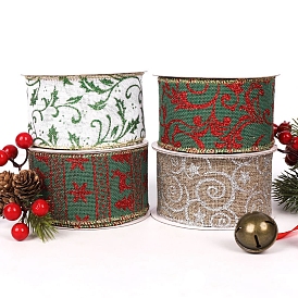 10 Yards Christmas Themed Polyester Imitation Burlap Ribbons, Printed Ribbons, Flat