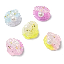 Gradient Color Translucent Resin Glitter Shell Cabochons, with Plastic Pearls