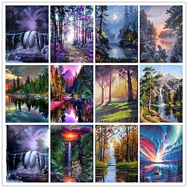 DIY Rectangle Forest Scenery Theme Diamond Painting Kits, Including Canvas, Resin Rhinestones, Diamond Sticky Pen, Tray Plate and Glue Clay