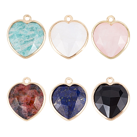 6Pcs 6 Style Natural Mixed Gemstone Pendants, with Golden Brass Edge, Faceted, Heart