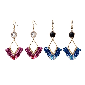 2 Pairs 2 Colors Braided Glass & 201 Stainless Steel Dangle Earrings, Flower Dangle Earrings for Women, Golden