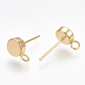 Brass Stud Earring Findings, with Vertical Loops, Flat Round