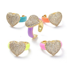Brass Micro Pave Clear Cubic Zirconia Cuff Rings, with Enamel, Real 18K Gold Plated, Long-Lasting Plated, Heart