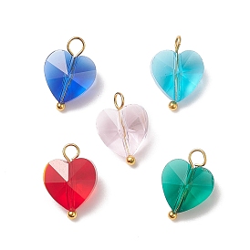 Faceted Transparent Glass Charms, with Golden Brass Findings, Heart