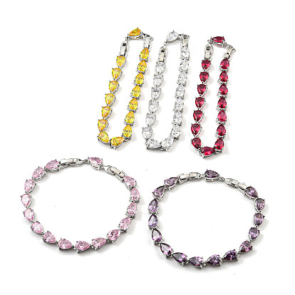 Rack Plating Brass Pave Cubic Zirconia Teardrop Links Bracelets for Women, Platinum