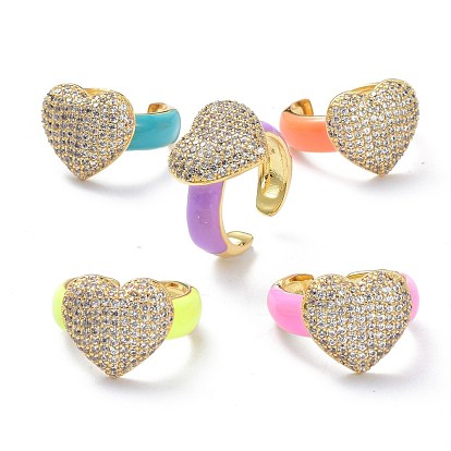 Brass Micro Pave Clear Cubic Zirconia Cuff Rings, with Enamel, Real 18K Gold Plated, Long-Lasting Plated, Heart