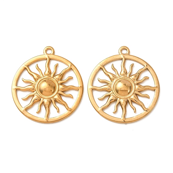 304 Stainless Steel Pendants, Flat Round with Sun Charms, Ion Plating(IP)