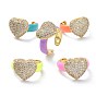 Brass Micro Pave Clear Cubic Zirconia Cuff Rings, with Enamel, Golden, Long-Lasting Plated, Heart
