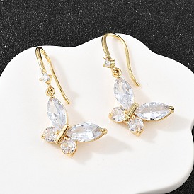 Латунные серьги-подвески в виде бабочки с прозрачными кубическими циркониями, со стеклом, без кадмия и без свинца, долговечный, стойки покрытие