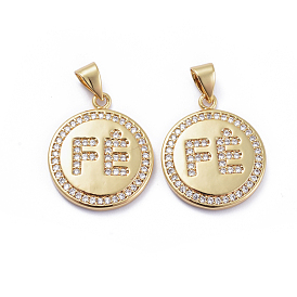Brass Micro Pave Cubic Zirconia Pendants, Long-Lasting Plated, Flat Round with Word