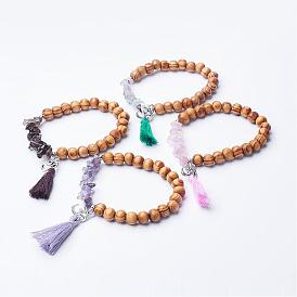Bracelets élastiques en pierres naturelles, Avec pendentif en gomme en fil de coton, Perles de bois et découvertes de style tibétain, ohm