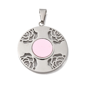 Подвески из смолы, плоско-круглые с розой , с 304 фурнитурой из нержавеющей стали