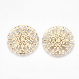 Brass Links Connectors, Etched Metal Embellishments, Flat Round with Snowflake