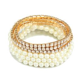 Irregular Exaggerated Pearl Bracelet Set of 6 - Gold Elastic Pearl Diamond Bracelet.