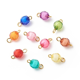 Transparent Acrylic Connector Charms, Faceted, with Golden Plated Brass Double Loops, Round