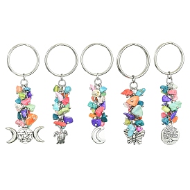 Porte-clés alliage, avec perles synthétiques turquoise et anneau porte-clés en fer, papillon/tortue/arbre de vie/lune