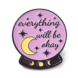 Everything Will Be Okay Enamel Pin, Moon & Star Crystal Ball Alloy Enamel Brooch for Backpacks Clothes, Electrophoresis Black