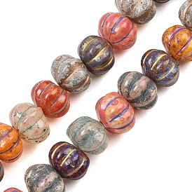 Painted Glass Beads, Golden Metal Enlaced, Pumpkin