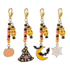 Halloween Theme Alloy Enamel Pendant Decorations, Glass Seed Beaded and Zinc Alloy Lobster Claw Clasps Charms, Mixed Shapes