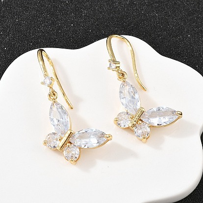 Латунные серьги-подвески в виде бабочки с прозрачными кубическими циркониями, со стеклом, без кадмия и без свинца, долговечный, стойки покрытие