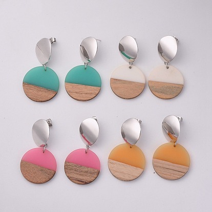 Resin & Wood Dangle Earrings, with Platinum Brass Stud Earrings Findings and 304 Stainless Steel Findings, Flat Round