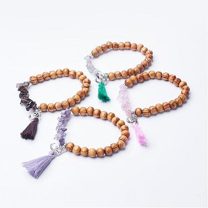 Bracelets élastiques en pierres naturelles, Avec pendentif en gomme en fil de coton, Perles de bois et découvertes de style tibétain, ohm