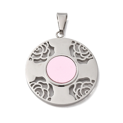 Подвески из смолы, плоско-круглые с розой , с 304 фурнитурой из нержавеющей стали