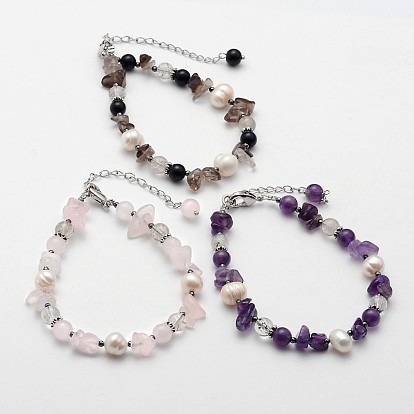 Natural Gemstone and Pearl Beaded Bracelets, with Platinum Tone Brass and Alloy Findings, 190mm