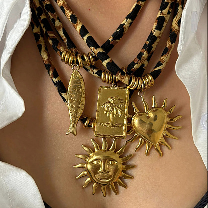 304 ожерелья из полиэстера с леопардовым принтом и подвеской из нержавеющей стали для женщин, золотые