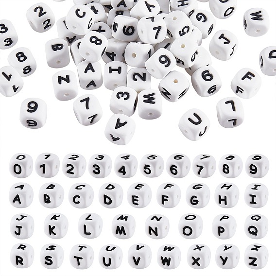 108 шт. белые кубические силиконовые бусины с буквенным номером, квадратные кости, алфавитные бусины с 2 мм отверстием, прокладка, свободные бусины с буквами для браслета, ожерелья, изготовления ювелирных изделий