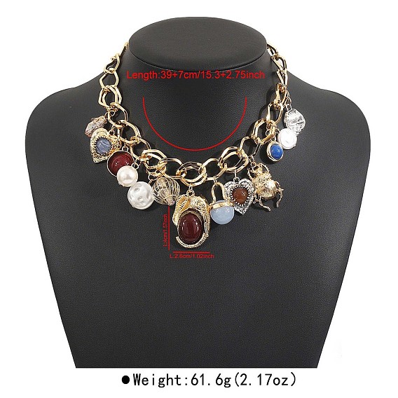 Женские ожерелья-нагрудники из сплава акриловой смолы и искусственного жемчуга в форме овального сердца с подвеской в виде насекомого, золотые