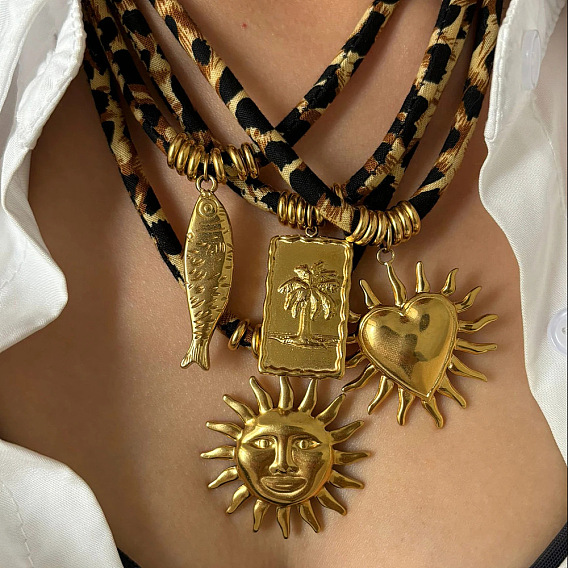 304 ожерелья из полиэстера с леопардовым принтом и подвеской из нержавеющей стали для женщин, золотые