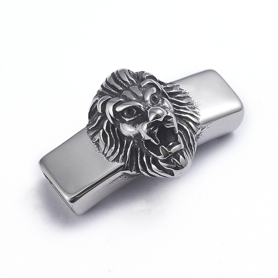 Retro 304 Stainless Steel Slide Charms/Slider Beads, for Leather Cord Bracelets Making, Rectangle with Lion
