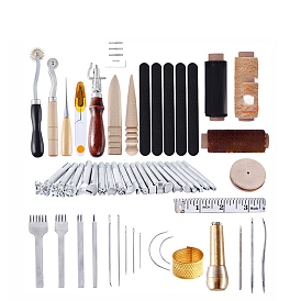DIY Wood & Stainless Steel Leathercraft Tool Kit,  including Polishing Rod, Hole Punch, Groover & Stamping Tool, Thread, Needle, Tracing Wheel, Tape Measure, Thimble, Awl, Scissor