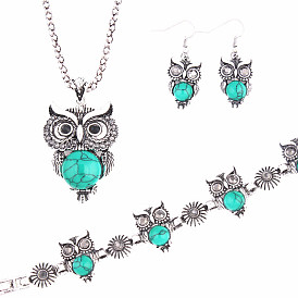 Owl Alloy & Synthetic Turquoise Pendant Necklaces & Dangle Earrings & Link Bracelets Sets, Antique Silver