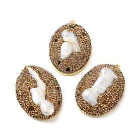 Brass Pave Rhinestone Pendants, Oval Charms with Natural Freshwater Pearl, Long-Lasting Plated