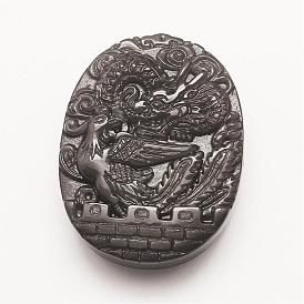 Carved Natural Obsidian Pendants, Flat Oval with Dragon and Phoenix