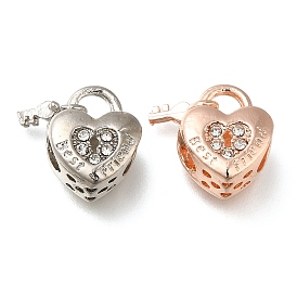 Rack Plating Alloy European Beads, with Rhinestone, Large Hole Beads, Heart Padlock with Word Best Friend & Key