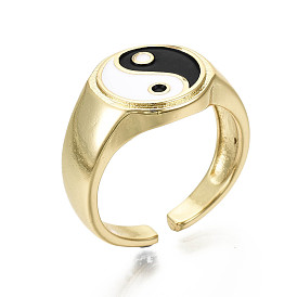 Brass Enamel Cuff Rings, Open Rings, Nickel Free, Gossip/Yin Yang, Black & White