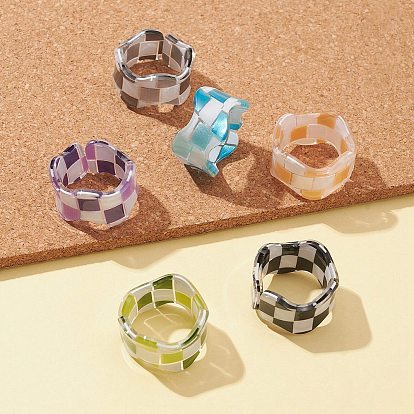 Resin Tartan Pattern Cuff Ring, Wave Open Ring for Women
