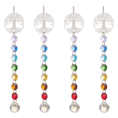 Glass Teardrop Window Hanging Suncatchers, with 7 Chakra Glass Octagon Link, 201 Stainless Steel Tree of Life Pendants Decorations Ornaments