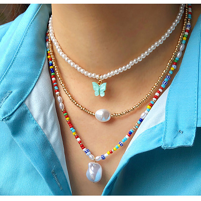 Butterfly Pearl Necklace - Bohemian Style, Colorful Beaded Choker for Summer Layering.