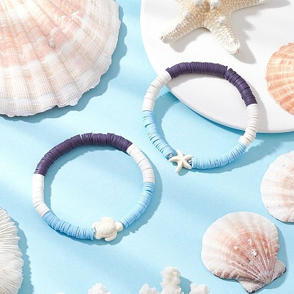 Плоские круглые браслеты ручной работы из полимерной глины heishi с бусинами, составные браслеты для женщин, с крошкой синтетической бирюзы