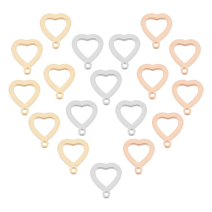 18 piezas 3 colores 304 dijes de corazón abierto de acero inoxidable, separar, pulido manual, hueco