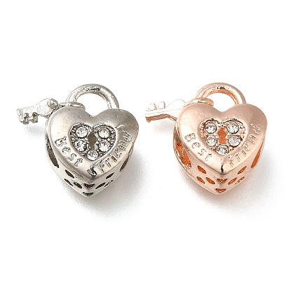 Rack Plating Alloy European Beads, with Rhinestone, Large Hole Beads, Heart Padlock with Word Best Friend & Key